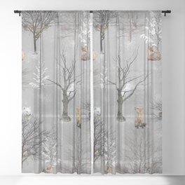 Owls and Foxes in Snowy Trees Sheer Curtain