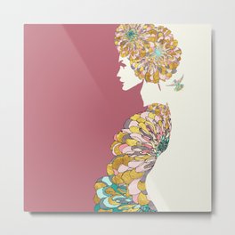 Inner Beauty Metal Print | Yellow, Woman, Bird, Contemporary, Aqua, Coral, Gold, Flowers, Graphicdesign, Mum 