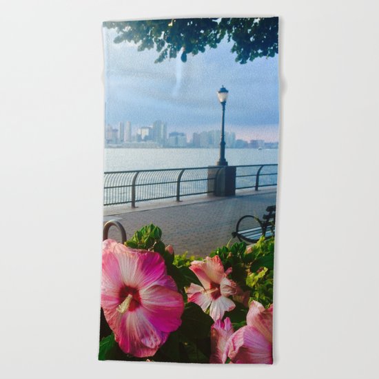 Battery Park New York City Skyline with Pink Hibiscus Flowers Beach Towel