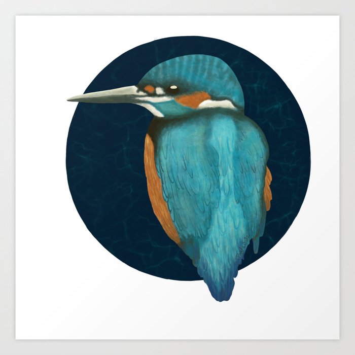 Kingfisher in a dark blue circle Art Print