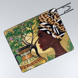 African woman,vase ,fashion art ,golden colour background ,round  earrings. Picnic Blanket
