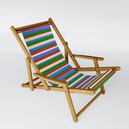 [ Thumbnail: Tan, Royal Blue, Green, and Brown Colored Stripes/Lines Pattern Sling Chair ]