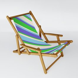 [ Thumbnail: Slate Blue, Lime Green, Beige & Sky Blue Colored Pattern of Stripes Sling Chair ]