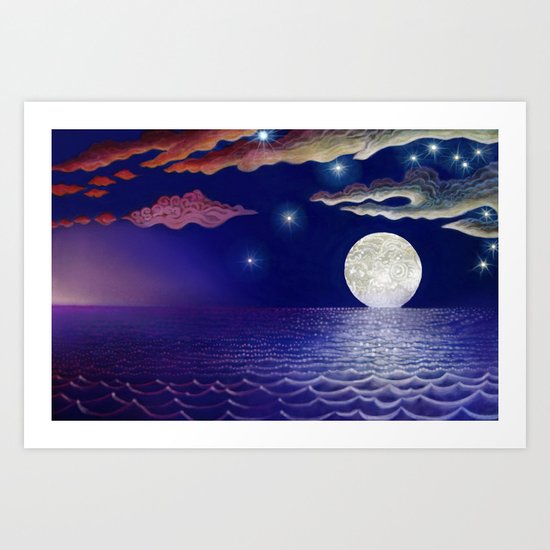 sunrise, moon, sea Art Print