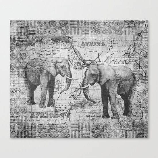 African Spirit Vintage Elephant black white Canvas Print