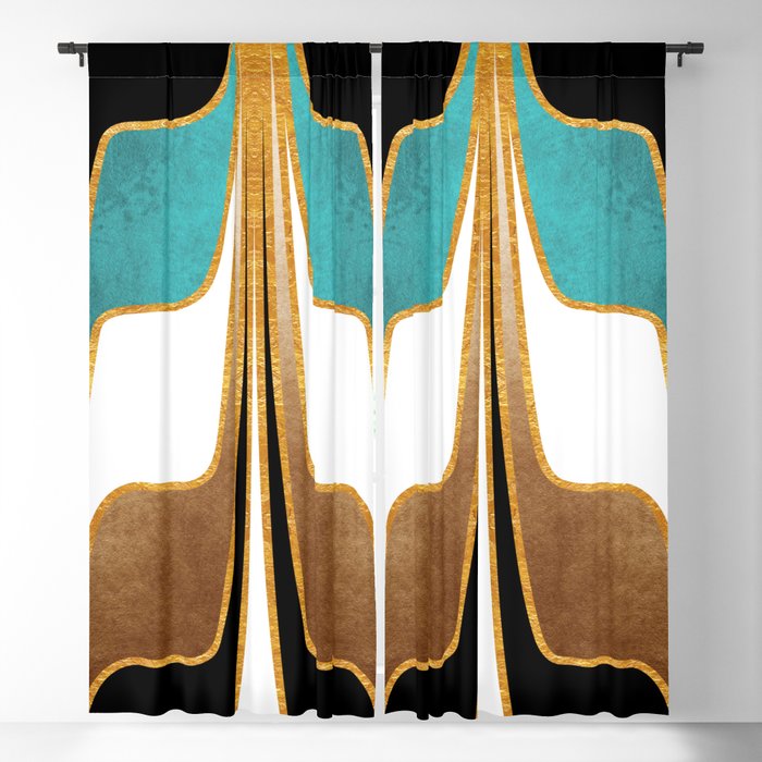 Mid Century Modern Liquid Watercolor Abstract // Gold, Ocean Blue (Teal), Brown, Black, White // V2 Blackout Curtain