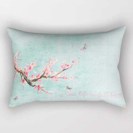 Live life in full bloom - Romantic Spring Cherryblossom butterfly Watercolor illustration on aqua Rectangular Pillow