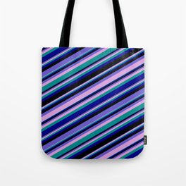 [ Thumbnail: Vibrant Slate Blue, Plum, Dark Cyan, Dark Blue & Black Colored Lines/Stripes Pattern Tote Bag ]