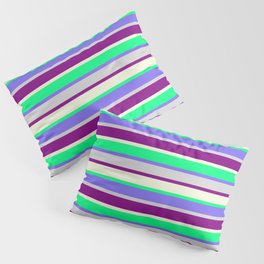 [ Thumbnail: Colorful Green, Medium Slate Blue, Light Gray, Purple, and Beige Stripes/Lines Pattern Pillow Sham ]