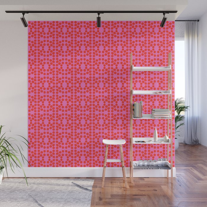 Modern Polka Dots Pattern Red On Hot Pink Mid-Century Geometric Bright Cheerful Retro Dotty Pattern Wall Mural