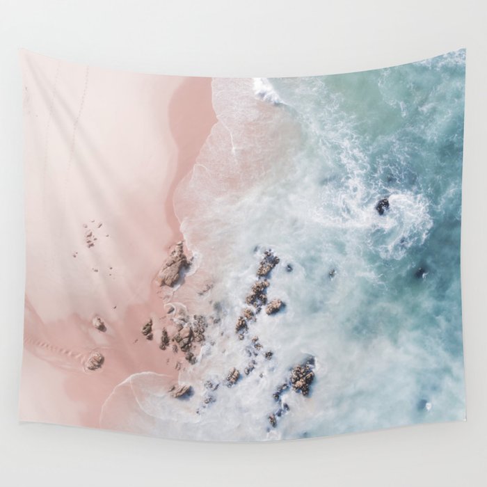 Aerial Beach Print - Pink Sand Beach - Ocean -  Sea Travel photography - Original Sea Bliss Wall Tapestry
