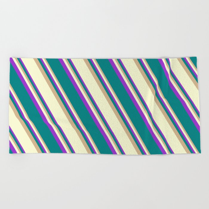 Tan, Light Yellow, Dark Orchid, and Teal Colored Stripes Pattern Beach Towel