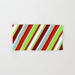 [ Thumbnail: Colorful Chartreuse, Maroon, Red, White & Sky Blue Colored Pattern of Stripes Hand & Bath Towel ]