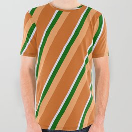 [ Thumbnail: Brown, Chocolate, Lavender & Dark Green Colored Stripes/Lines Pattern All Over Graphic Tee ]