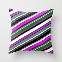 [ Thumbnail: Eyecatching Slate Gray, White, Green, Fuchsia, and Black Colored Striped Pattern Throw Pillow ]