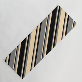 [ Thumbnail: Black, Grey & Beige Colored Striped Pattern Yoga Mat ]