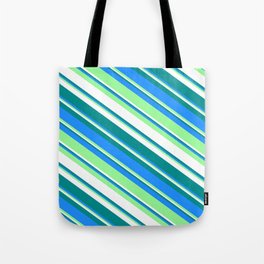 [ Thumbnail: Dark Cyan, Blue, Green & White Colored Striped Pattern Tote Bag ]