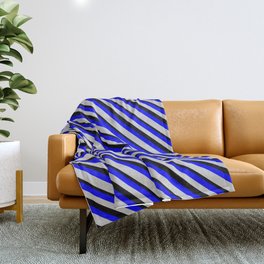 [ Thumbnail: Blue, Light Grey & Black Colored Lines/Stripes Pattern Throw Blanket ]