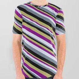 [ Thumbnail: Eye-catching Dark Khaki, Purple, Lavender, Slate Gray, and Black Colored Lined/Striped Pattern All Over Graphic Tee ]