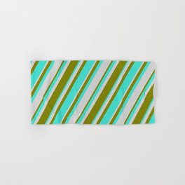 [ Thumbnail: Turquoise, Light Grey & Green Colored Lines/Stripes Pattern Hand & Bath Towel ]