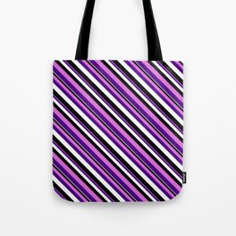 [ Thumbnail: Orchid, Indigo, White, and Black Colored Stripes/Lines Pattern Tote Bag ]
