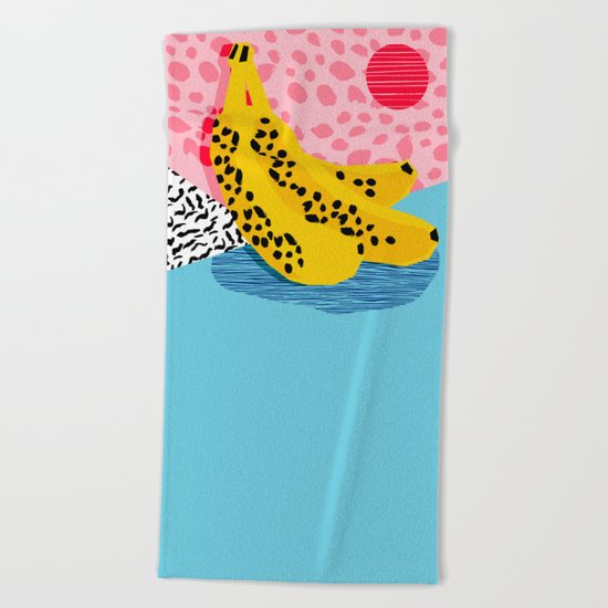 What It Is - memphis throwback banana fruit retro minimal pattern neon bright 1980s 80s style art Beach Towel
