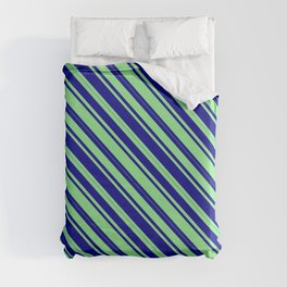 [ Thumbnail: Light Green & Dark Blue Colored Lined Pattern Duvet Cover ]