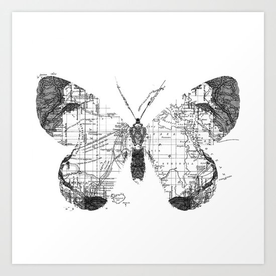 Butterfly Wanderlust Black and White Art Print