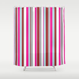 [ Thumbnail: Eye-catching White, Dark Gray, Brown, Powder Blue & Deep Pink Colored Lines/Stripes Pattern Shower Curtain ]
