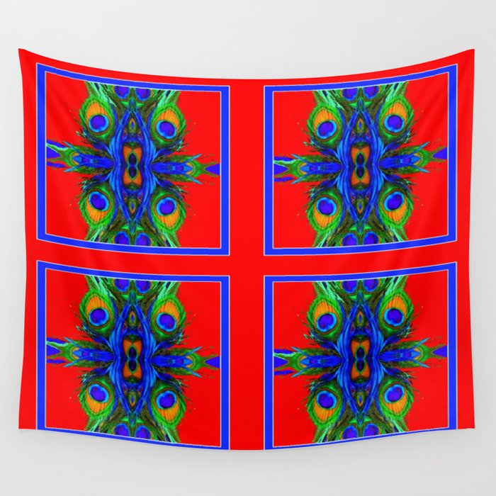  RED-BLUE PEACOCK FEATHERS ABSTRACT ART Wall Tapestry