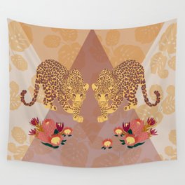 Two Leopards on Gold Geo Pink Floral Jungle Wall Tapestry