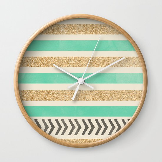 MINT AND GOLD STRIPES AND ARROWS Wall Clock