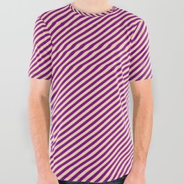 [ Thumbnail: Tan and Purple Colored Striped Pattern All Over Graphic Tee ]