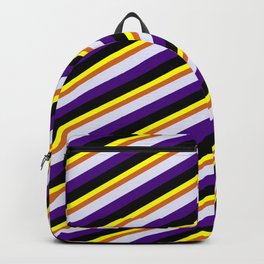[ Thumbnail: Yellow, Chocolate, Lavender, Indigo, and Black Colored Lined Pattern Backpack ]
