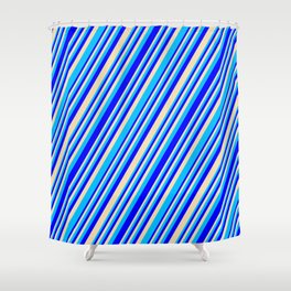 [ Thumbnail: Blue, Tan, and Deep Sky Blue Colored Lined/Striped Pattern Shower Curtain ]