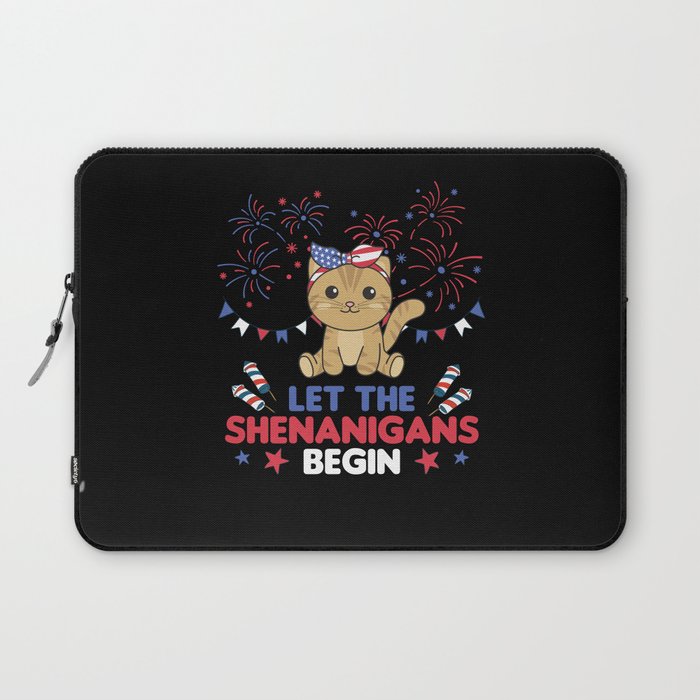Happy 4th Cute Cat With Fireworks America Laptop Sleeve