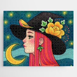 Witch with bird at night Jigsaw Puzzle