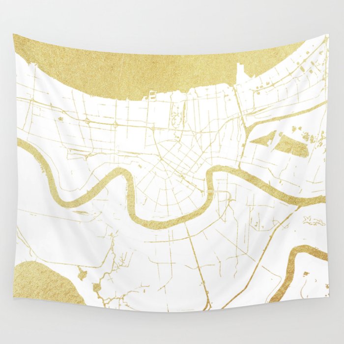 New Orleans White and Gold Map Wall Tapestry