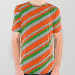 [ Thumbnail: Forest Green, Dark Grey & Red Colored Lines/Stripes Pattern All Over Graphic Tee ]