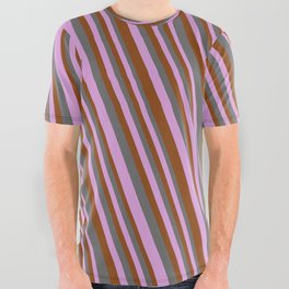 [ Thumbnail: Dim Gray, Plum & Brown Colored Stripes Pattern All Over Graphic Tee ]