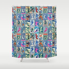 vintage women skiers in blue hues Shower Curtain