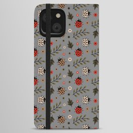 Ladybug and Floral Seamless Pattern on Grey Background iPhone Wallet Case