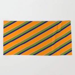 [ Thumbnail: Green, Midnight Blue, Dark Orange & Dark Salmon Colored Lines/Stripes Pattern Beach Towel ]