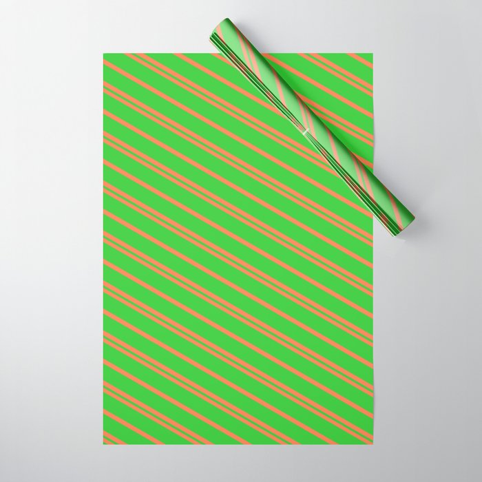 Coral and Lime Green Colored Lined Pattern Wrapping Paper