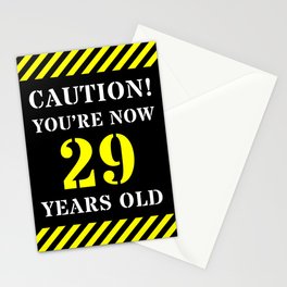 [ Thumbnail: 29th Birthday - Warning Stripes and Stencil Style Text Stationery Cards ]