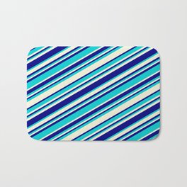 [ Thumbnail: Beige, Blue & Dark Turquoise Colored Striped/Lined Pattern Bath Mat ]