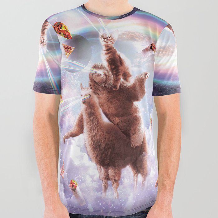 Laser Eyes Space Cat Riding Sloth, Llama - Rainbow All Over Graphic Tee