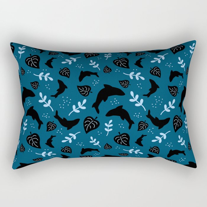 Blue Floral Shark Pattern Rectangular Pillow