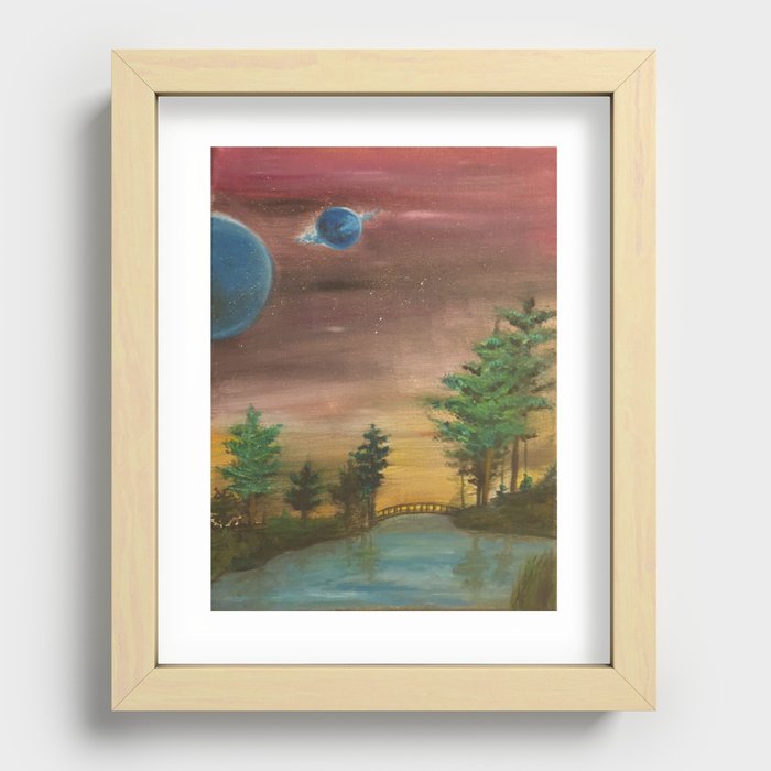 Colorful space - planets over the bridge oil on canvas Recessed Framed Print