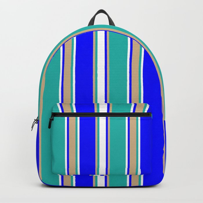 Blue, Tan, Light Sea Green, and White Colored Striped Pattern Backpack